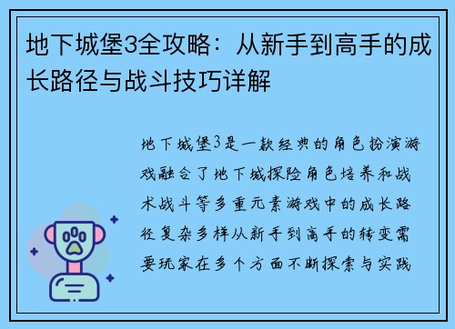 地下城堡3全攻略：从新手到高手的成长路径与战斗技巧详解